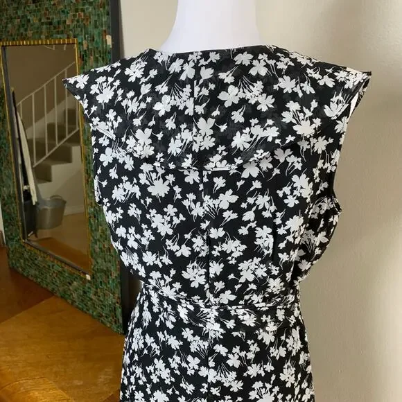 Vintage Size 12 Women's Floral Print Ruffle Dress Black White Tie Waist - Picture 13 of 16